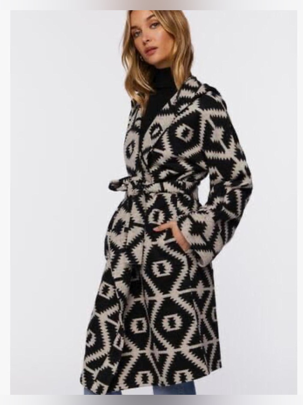 NWOT Aztec Print Wrap Coat Lapel Collar - Hooded